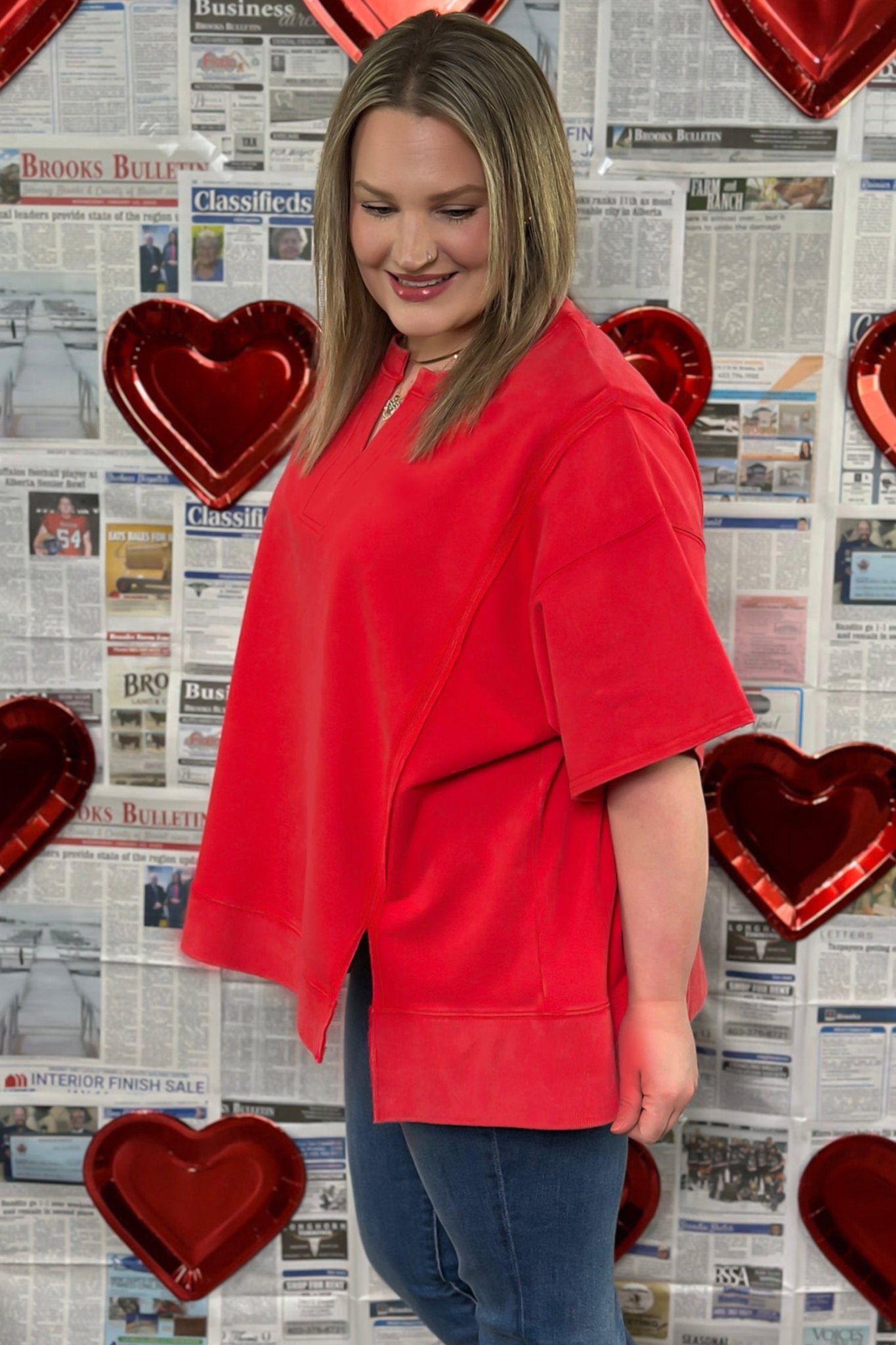 Fiery Red Plus Size Solid Color Notched Neck Seam Detail Patchwork Short Sleeve Top - Crowned Energy CO.