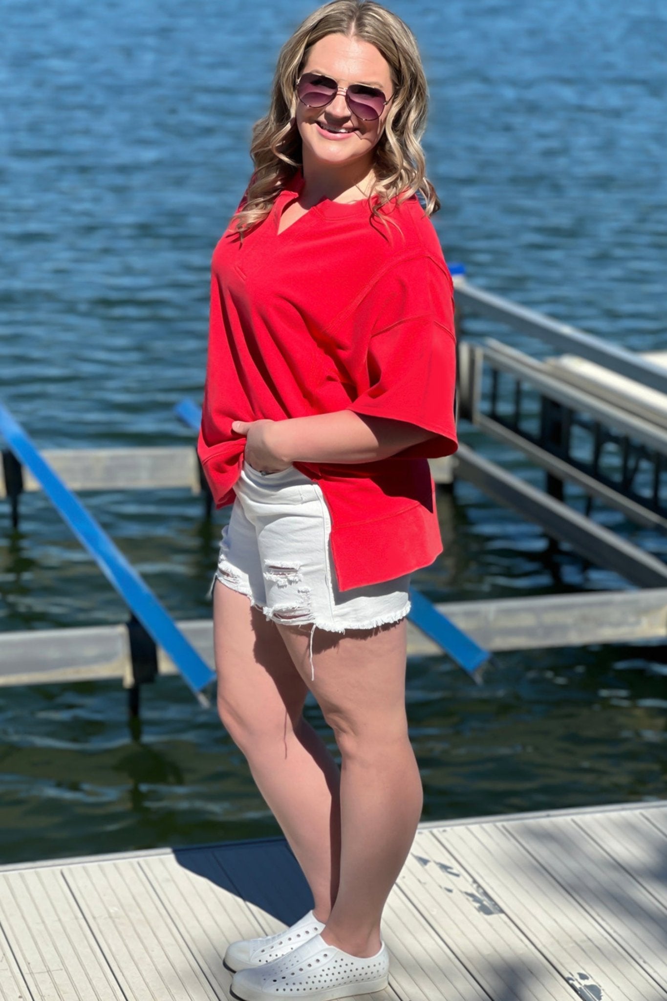 Fiery Red Plus Size Solid Color Notched Neck Seam Detail Patchwork Short Sleeve Top - Crowned Energy CO.