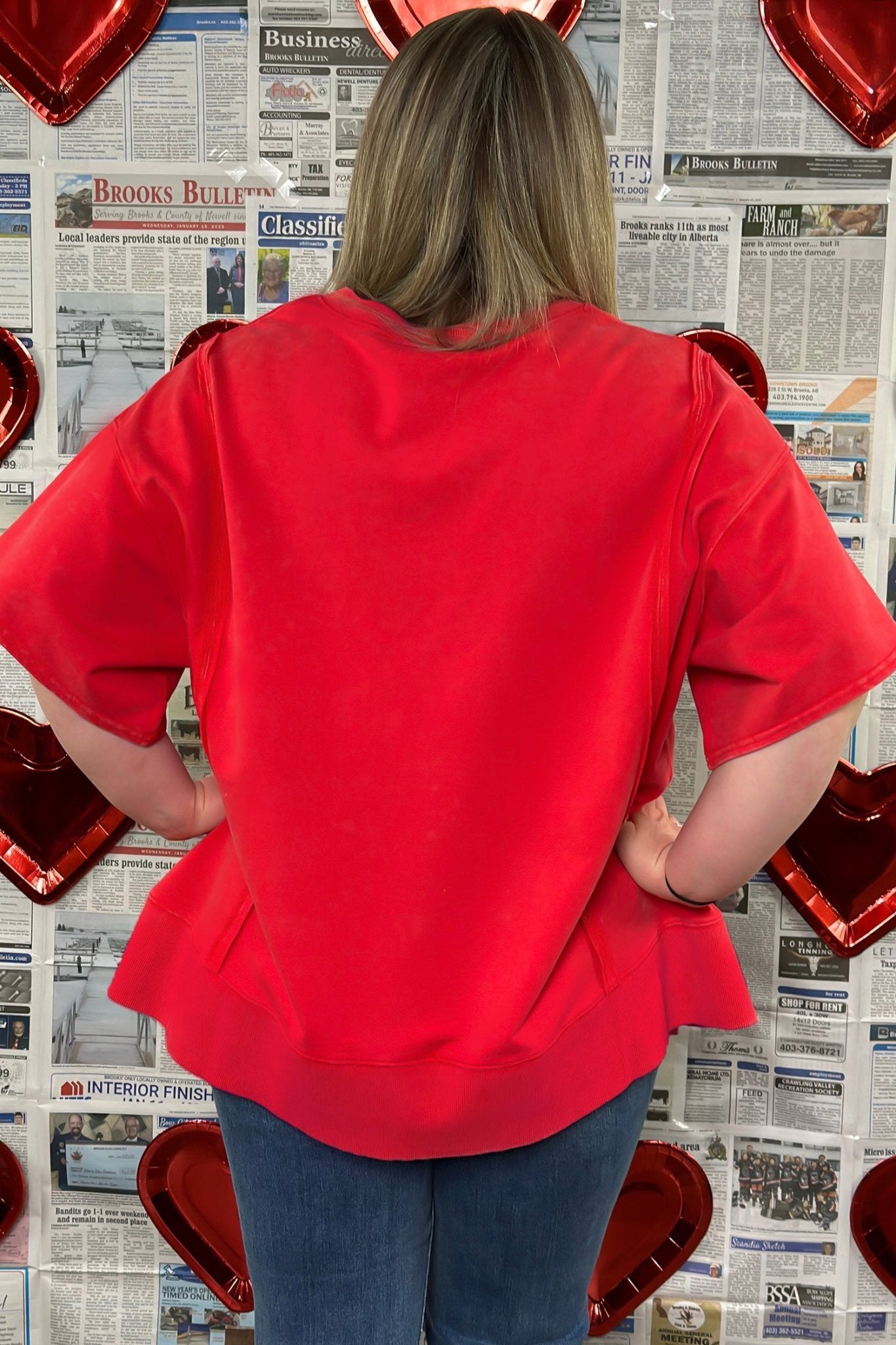 Fiery Red Plus Size Solid Color Notched Neck Seam Detail Patchwork Short Sleeve Top - Crowned Energy CO.