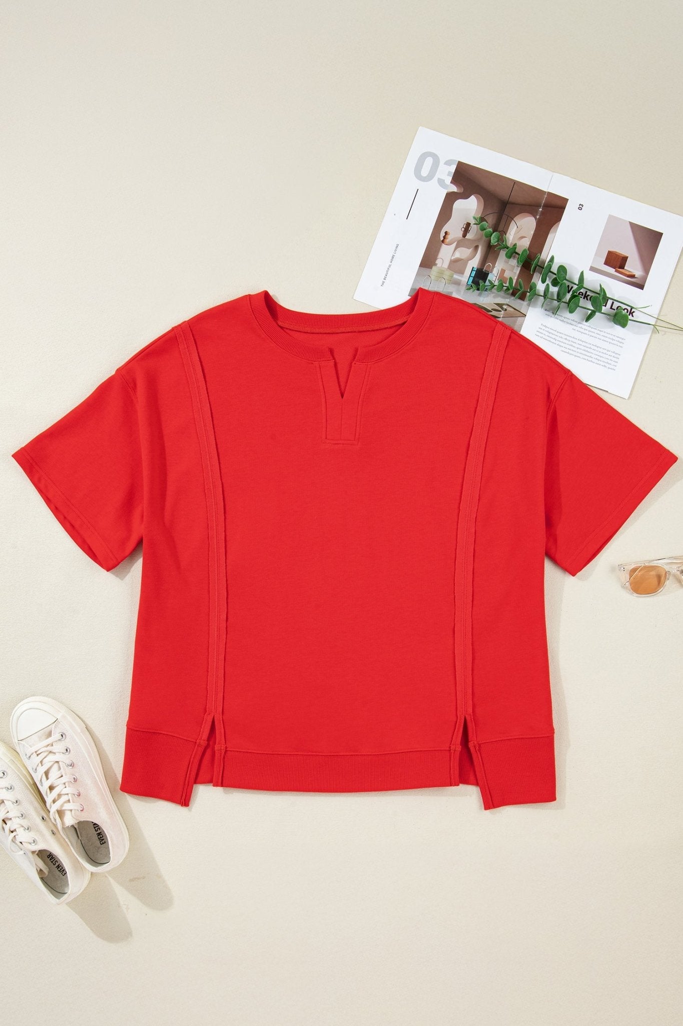 Fiery Red Plus Size Solid Color Notched Neck Seam Detail Patchwork Short Sleeve Top - Crowned Energy CO.