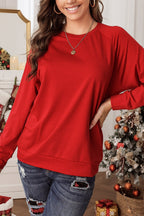 Fiery Red Solid Round Neck Raglan Sleeve Sweatshirt - Goddess Vibes