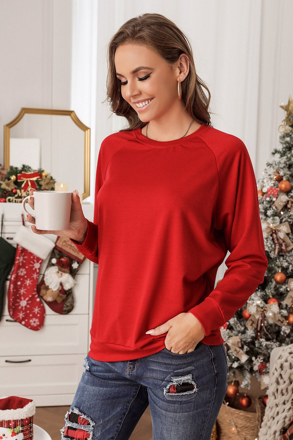 Fiery Red Solid Round Neck Raglan Sleeve Sweatshirt - Goddess Vibes