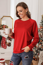 Fiery Red Solid Round Neck Raglan Sleeve Sweatshirt - Goddess Vibes
