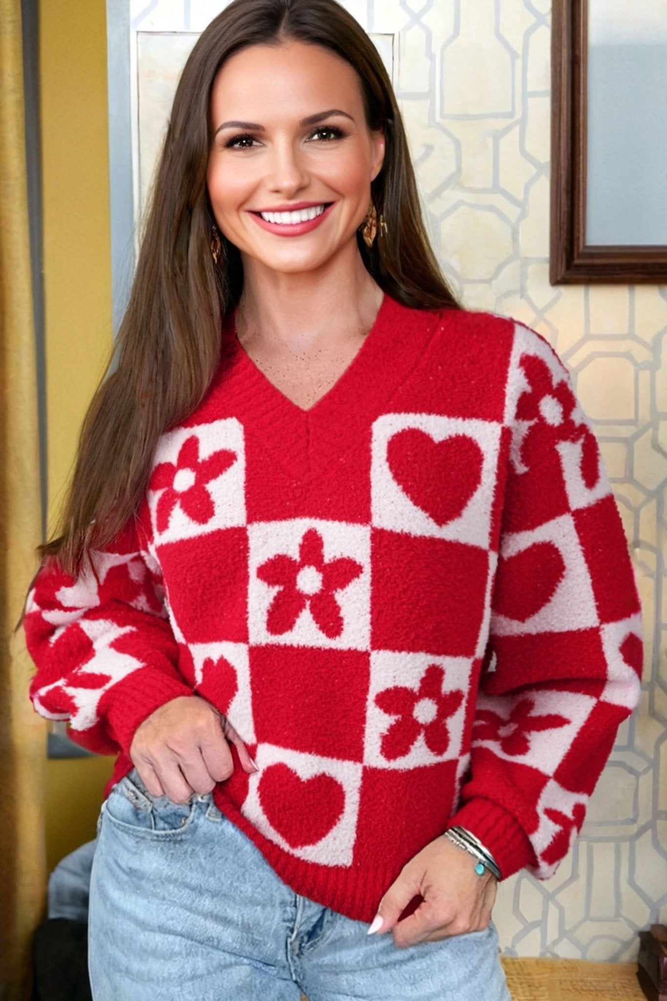 Fiery Red V Neck Flower Heart Detail Checkered Knit Loose Sweater - Crowned Energy CO.