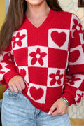 Fiery Red V Neck Flower Heart Detail Checkered Knit Loose Sweater - Crowned Energy CO.
