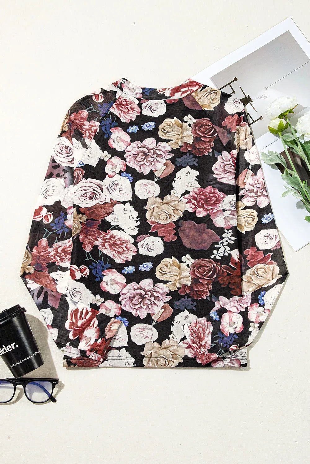 Floral Mock Neck Long Sleeve Mesh Top - Crowned Energy CO.