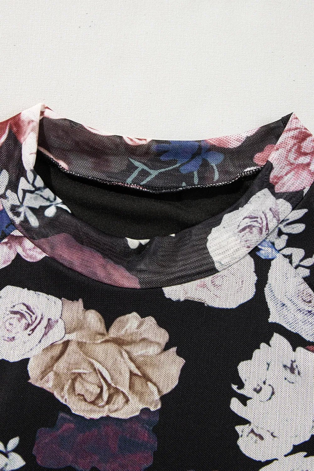 Floral Mock Neck Long Sleeve Mesh Top - Crowned Energy CO.