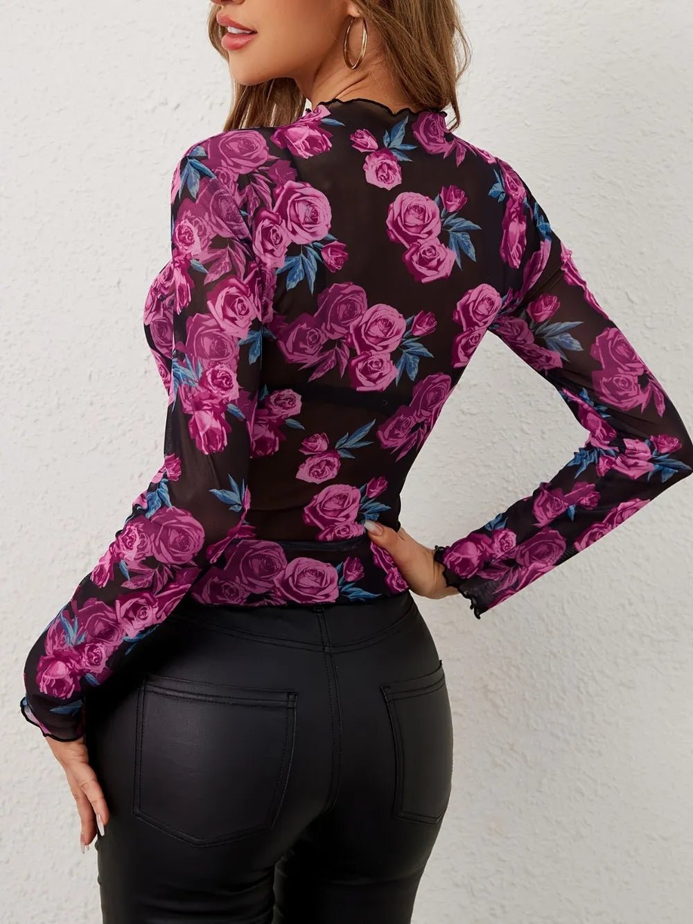 Floral Mock Neck Long Sleeve Top - Crowned Energy CO.