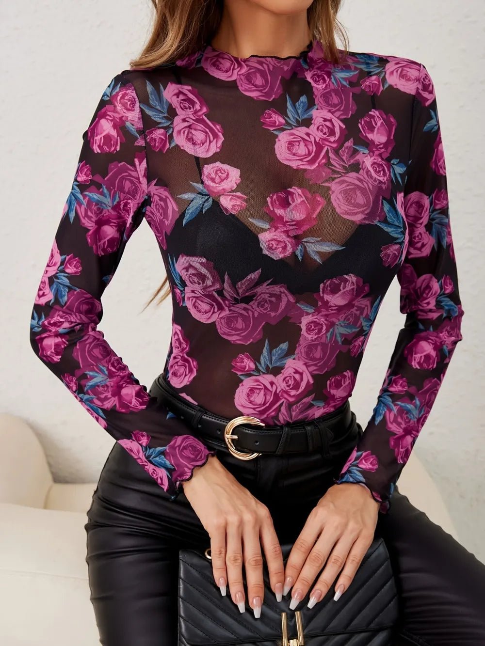 Floral Mock Neck Long Sleeve Top - Crowned Energy CO.