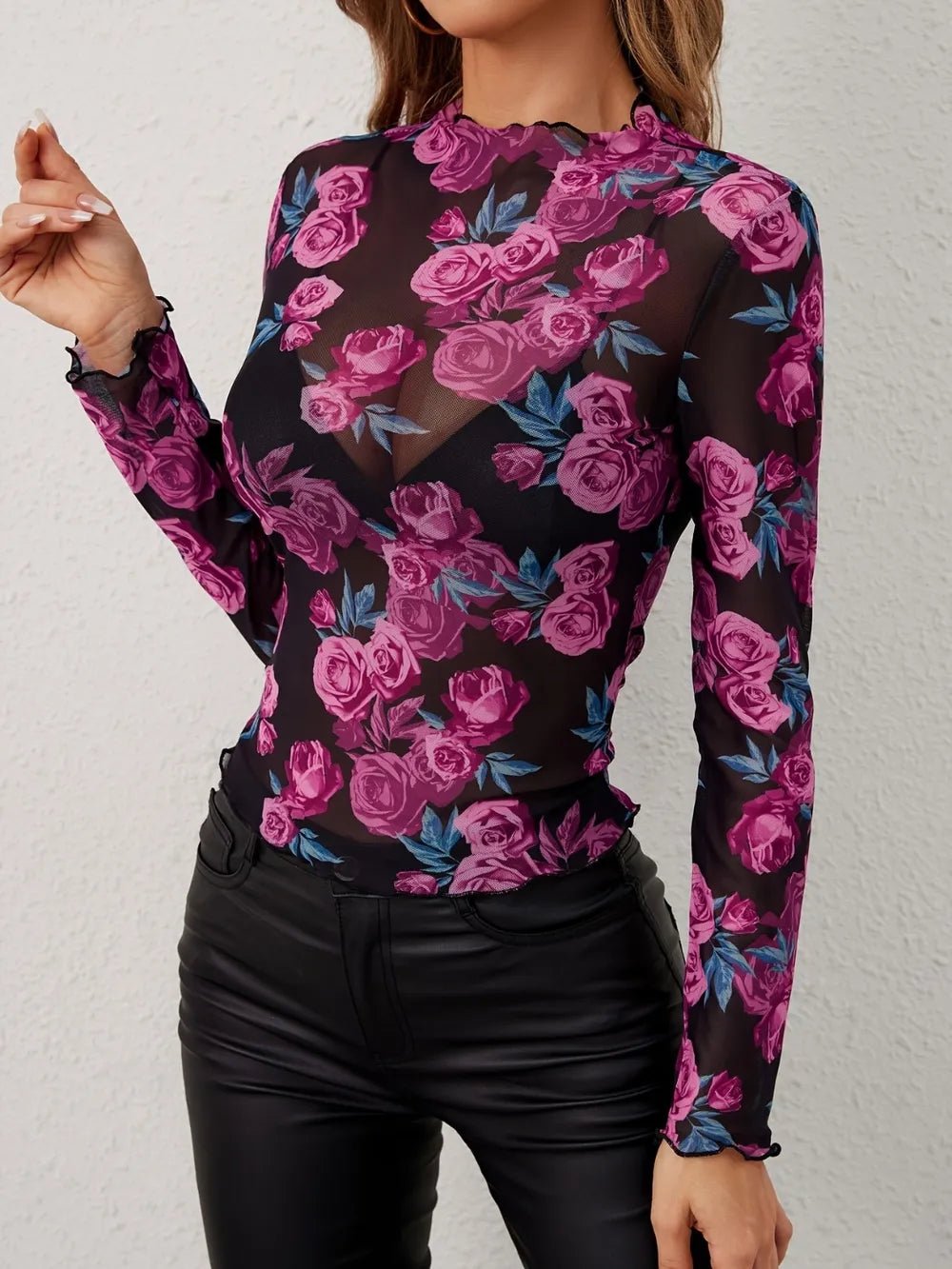 Floral Mock Neck Long Sleeve Top - Crowned Energy CO.