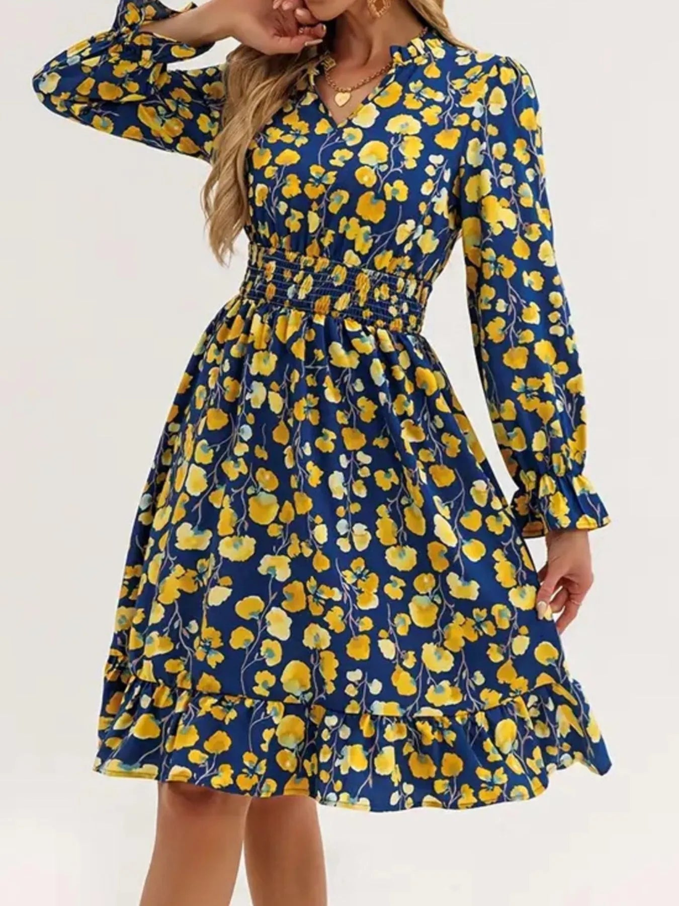 Floral Print Flounce Sleeve Ruffle Hem Dress - Crowned Energy CO.