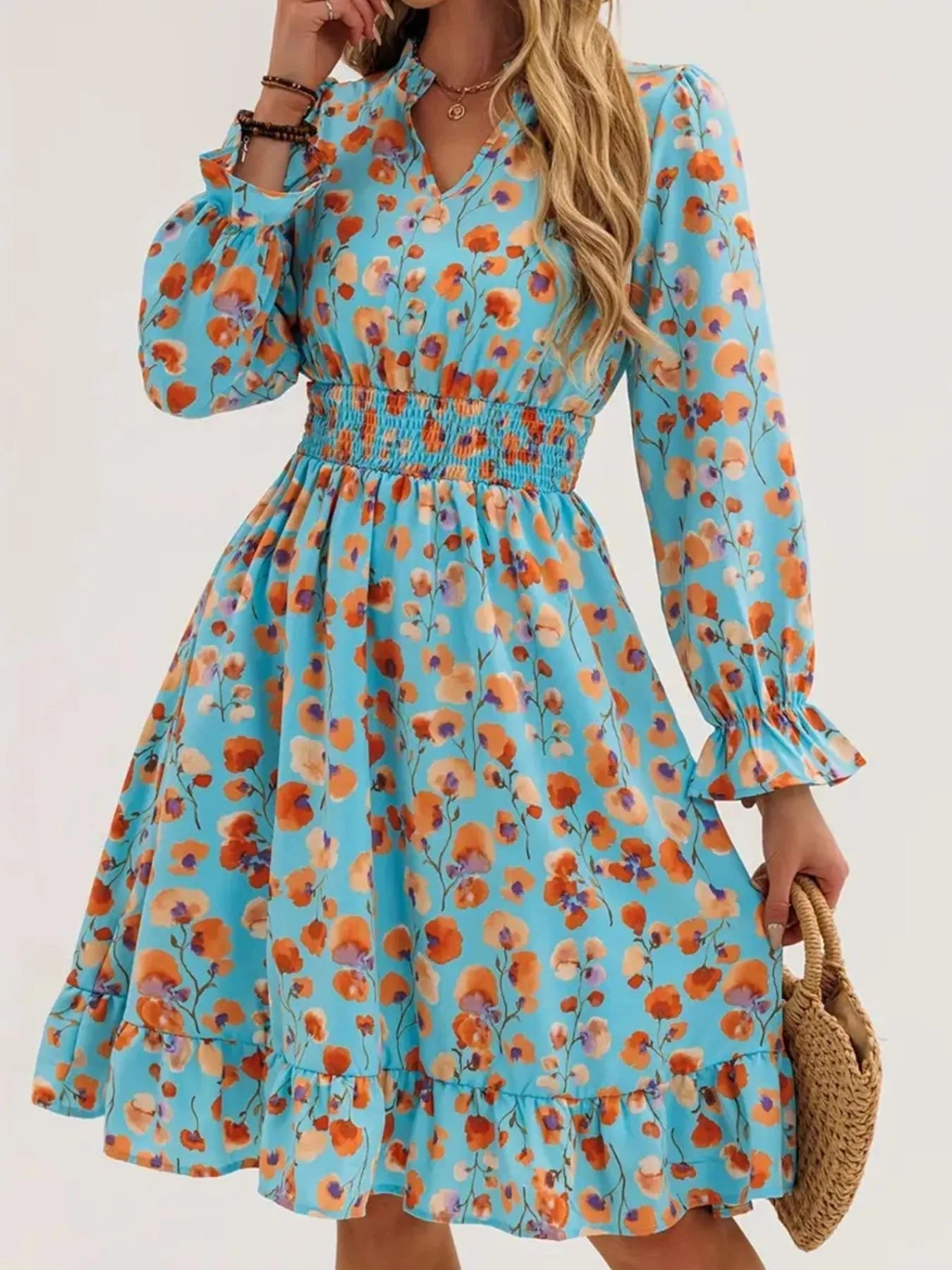 Floral Print Flounce Sleeve Ruffle Hem Dress - Crowned Energy CO.