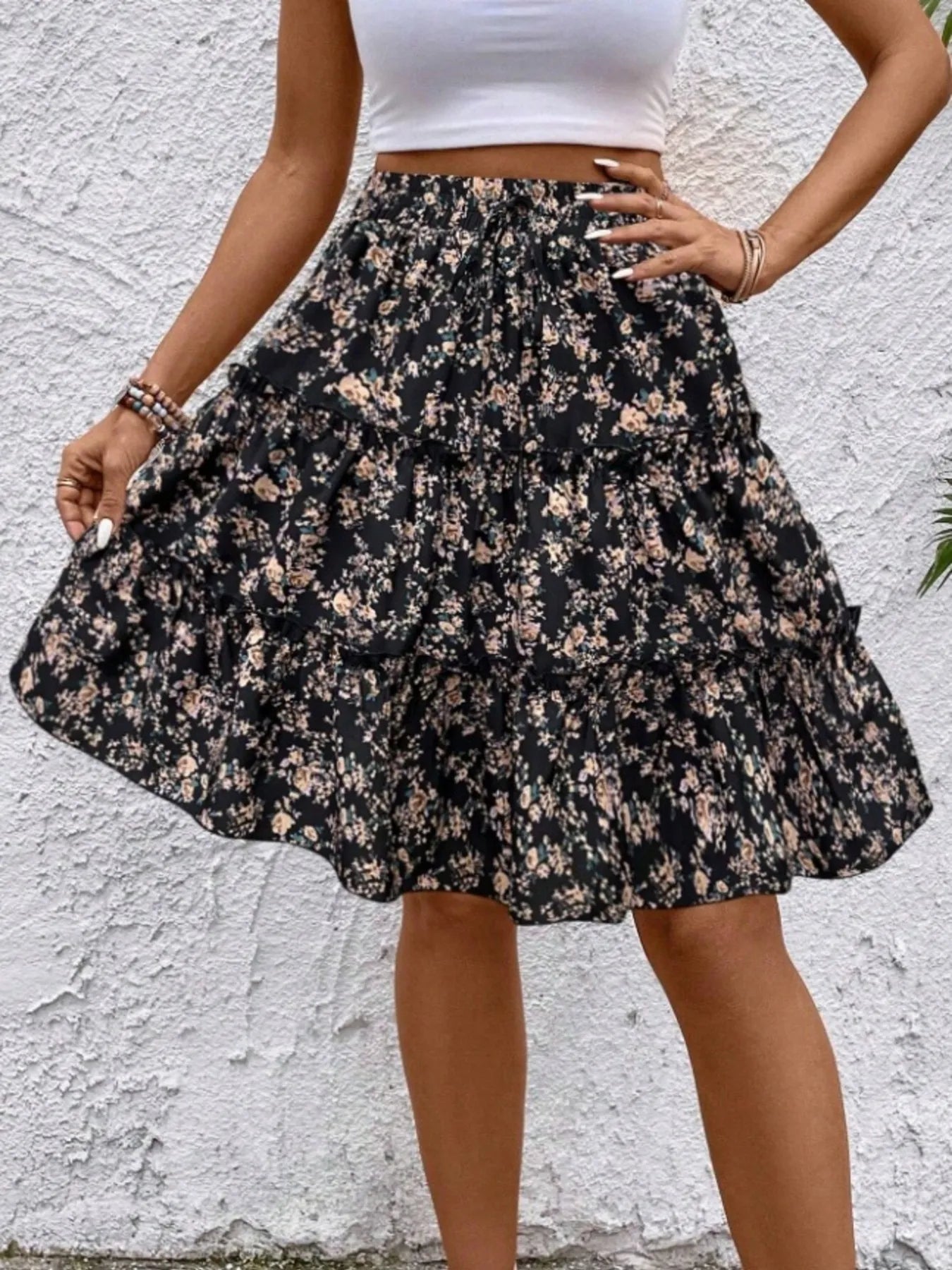 Floral Print Midi Skirt - Crowned Energy CO.