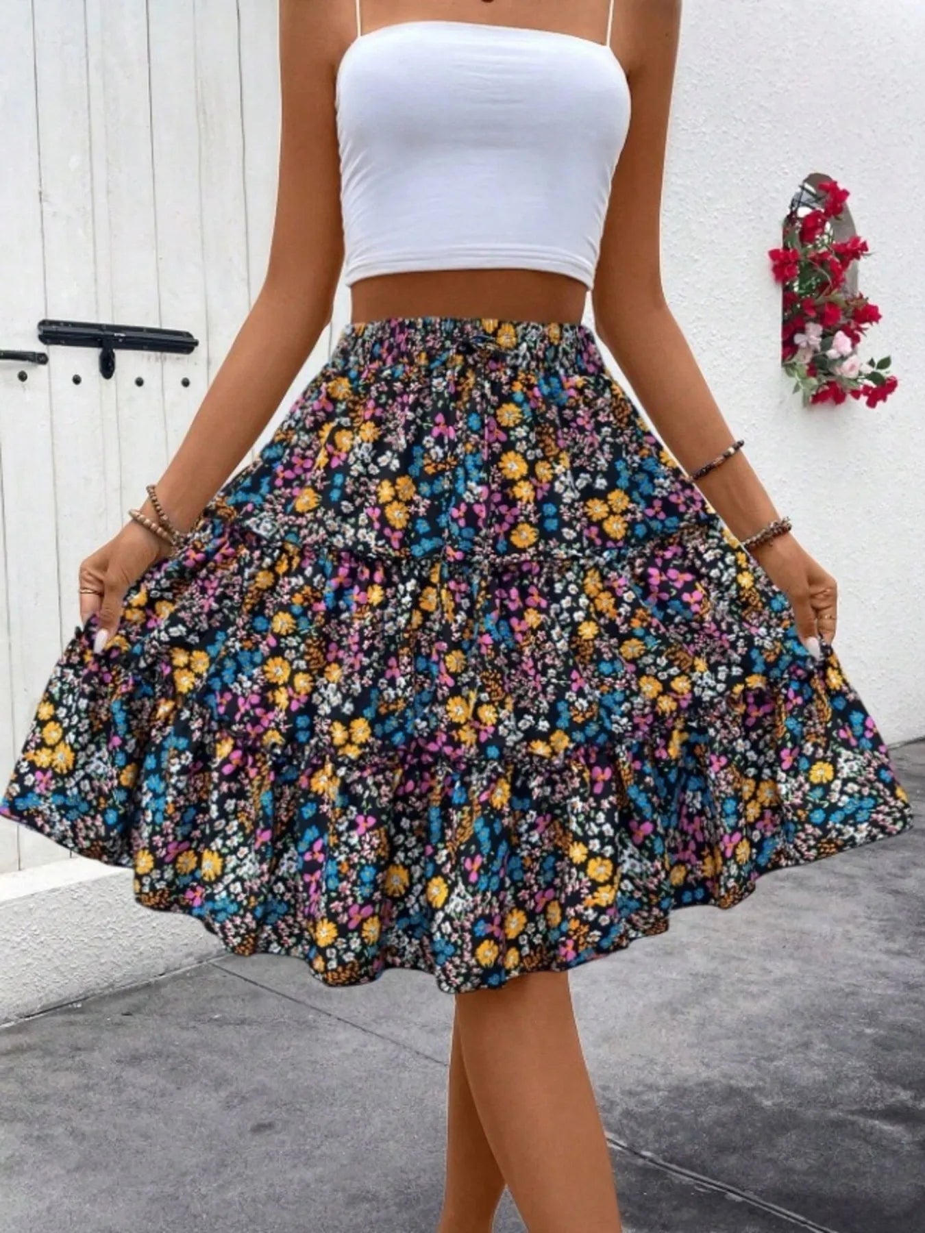 Floral Print Midi Skirt - Crowned Energy CO.
