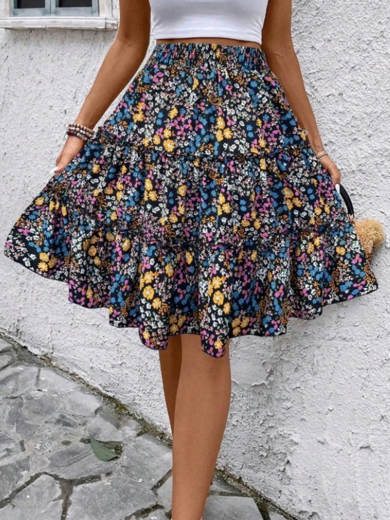 Floral Print Midi Skirt - Crowned Energy CO.