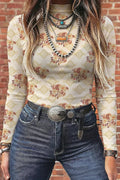Floral Print Mock Neck Long Sleeve Top - Crowned Energy CO.