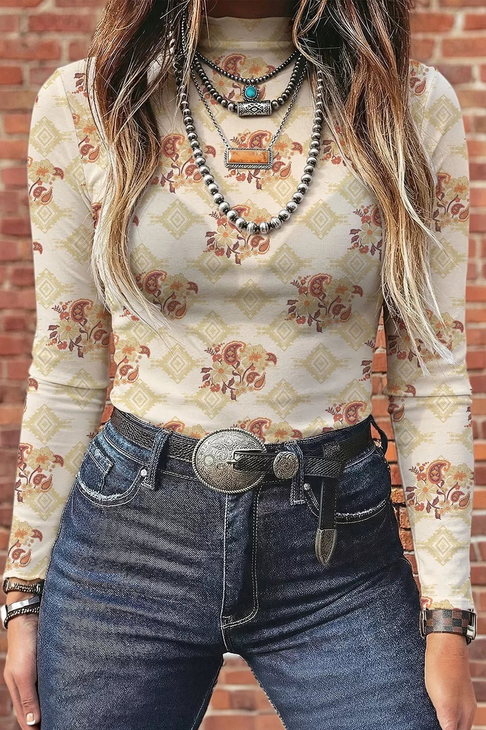 Floral Print Mock Neck Long Sleeve Top - Crowned Energy CO.