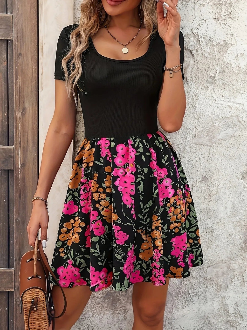 Crowned Energy CO. Hot Pink / S Trendsi Dresses/Mini Dresses Floral Print Short Sleeve Mini Dress