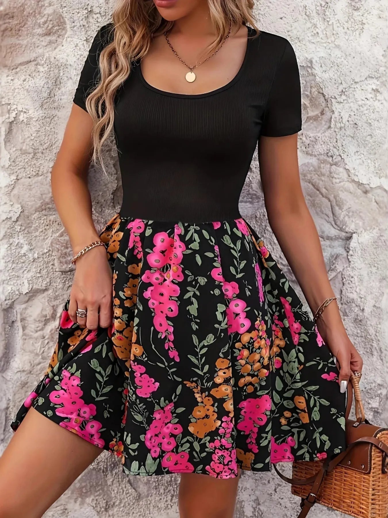 Floral Print Short Sleeve Mini Dress - Goddess Vibes
