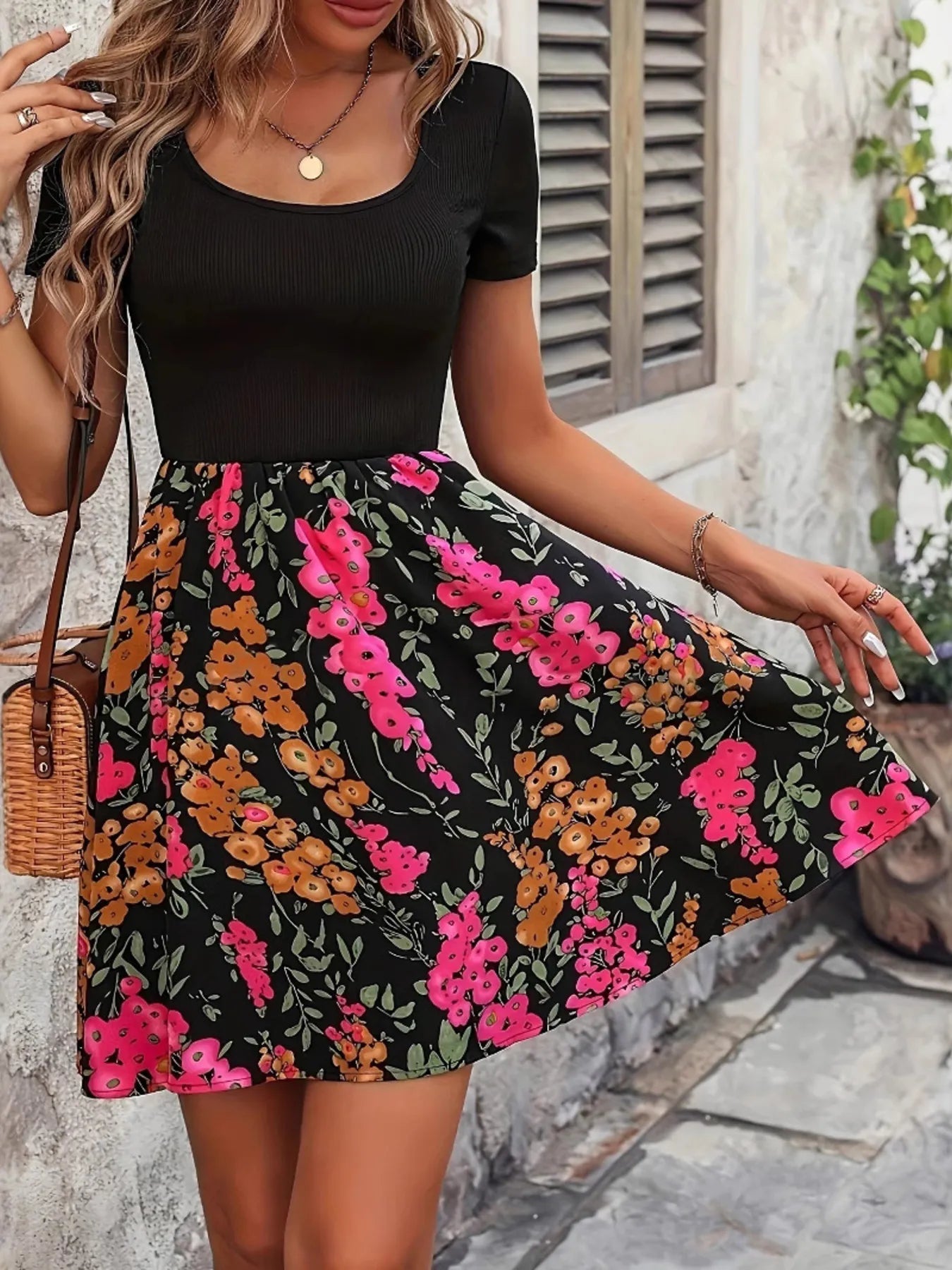 Floral Print Short Sleeve Mini Dress - Goddess Vibes