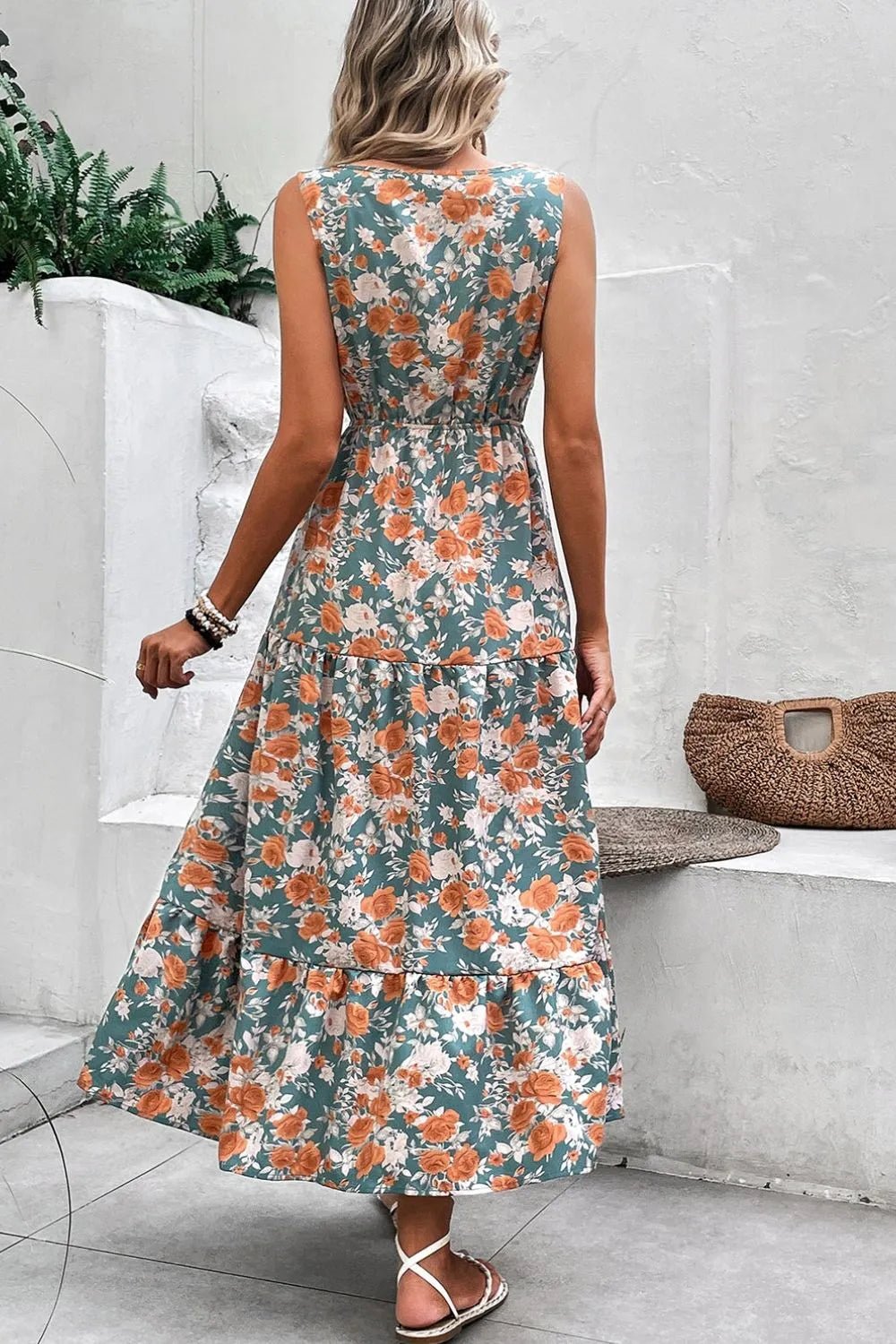 Crowned Energy CO. Floral / S Trendsi Dresses Floral Print Trimmed V Neck Tie Waist Sleeveless Dress