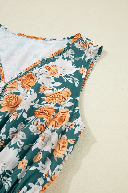 Floral Print Trimmed V Neck Tie Waist Sleeveless Dress - Goddess Vibes