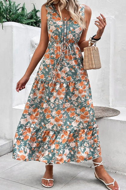 Floral Print Trimmed V Neck Tie Waist Sleeveless Dress - Goddess Vibes