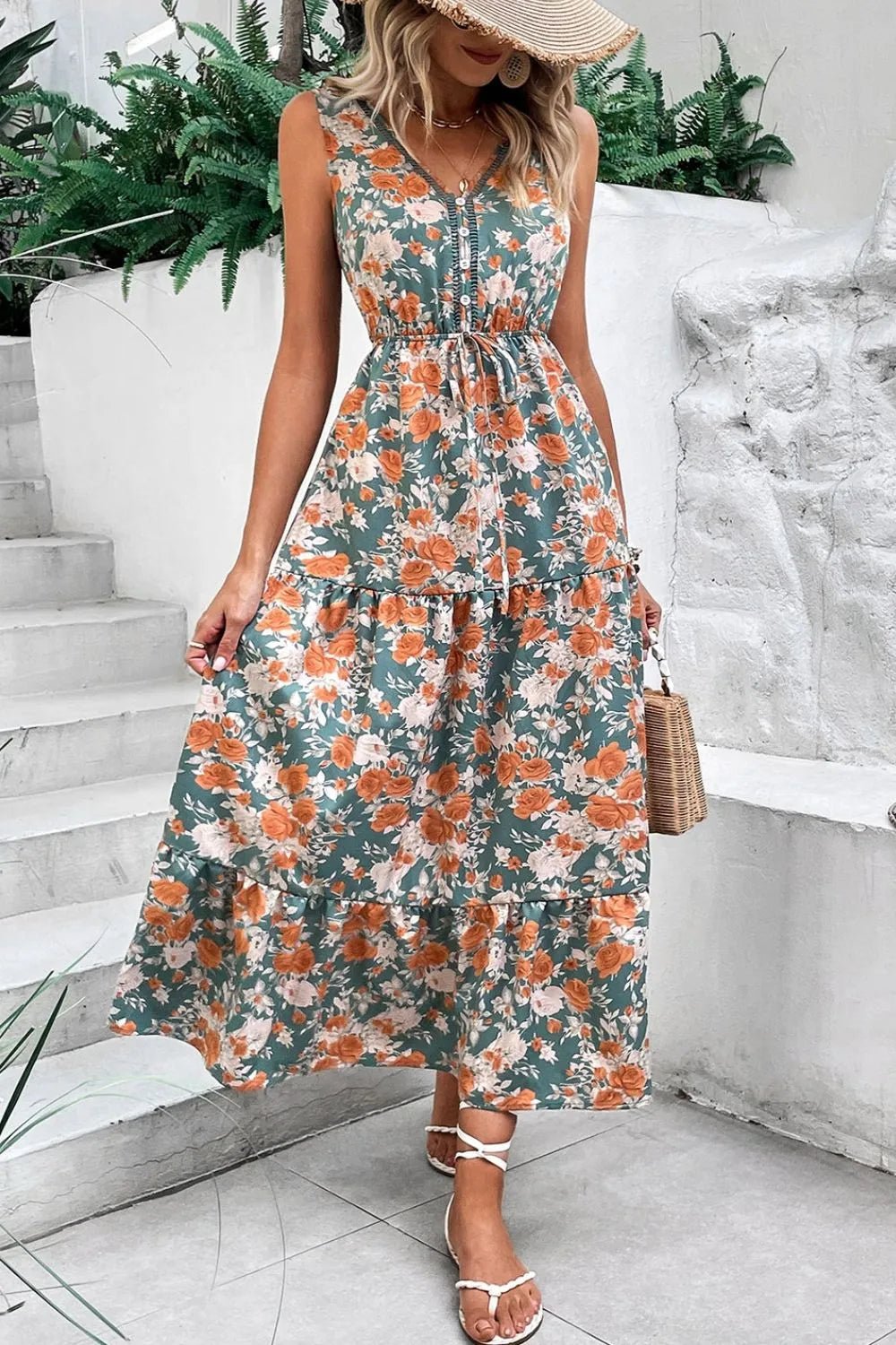 Crowned Energy CO. Floral / S Trendsi Dresses Floral Print Trimmed V Neck Tie Waist Sleeveless Dress