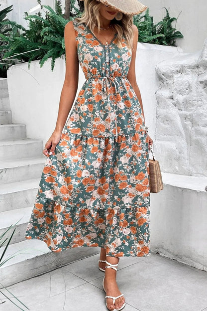 Floral Print Trimmed V Neck Tie Waist Sleeveless Dress - Goddess Vibes
