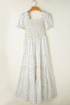Floral Smocked Short Puff Sleeve Maxi Dress - Crowned Energy CO.