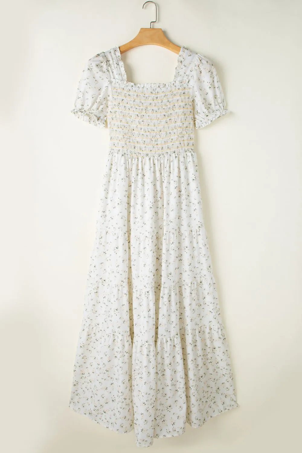 Floral Smocked Short Puff Sleeve Maxi Dress - Crowned Energy CO.