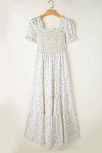 Floral Smocked Short Puff Sleeve Maxi Dress - Crowned Energy CO.