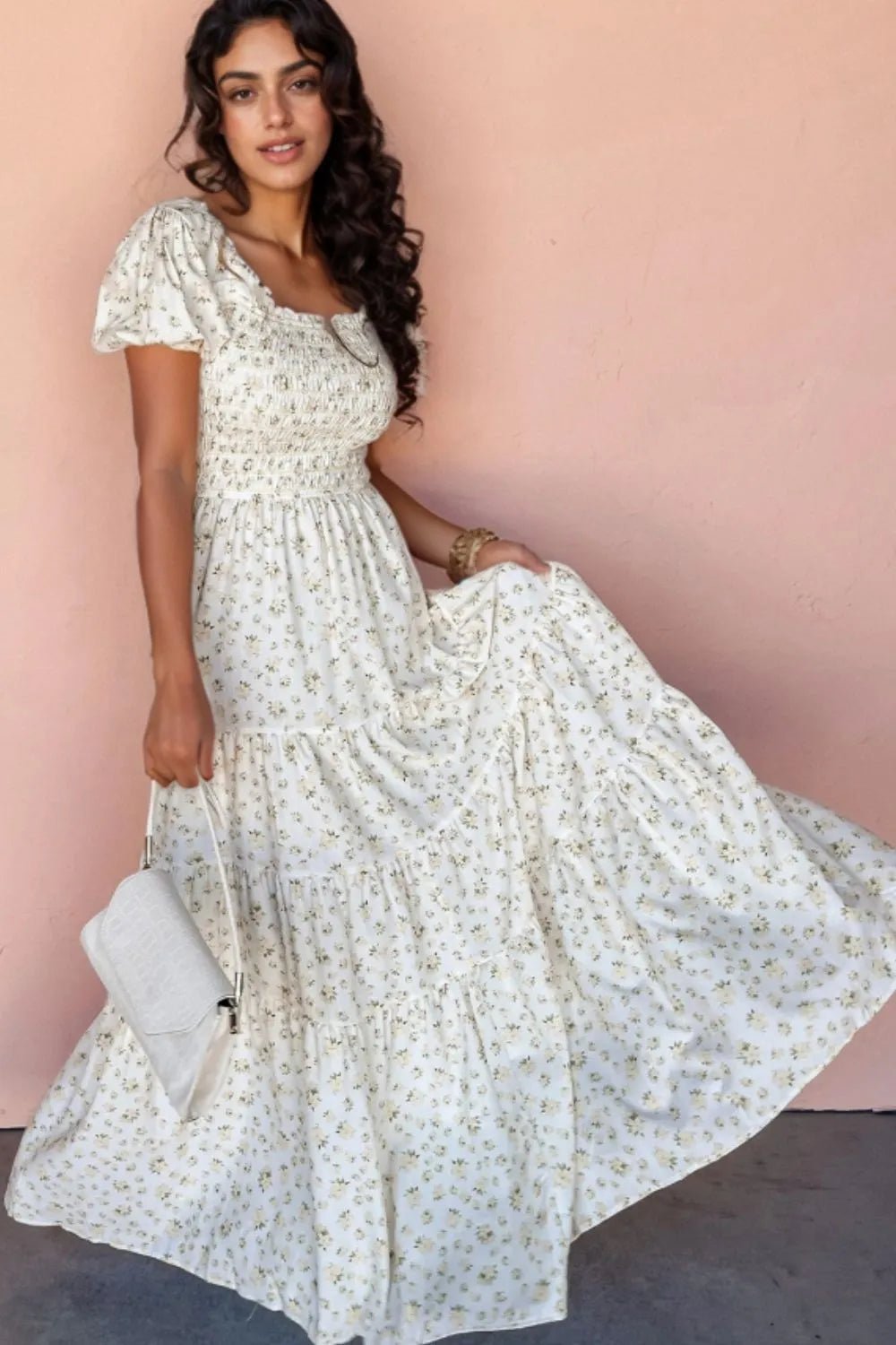 Floral Smocked Short Puff Sleeve Maxi Dress - Crowned Energy CO.