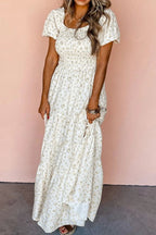 Floral Smocked Short Puff Sleeve Maxi Dress - Crowned Energy CO.