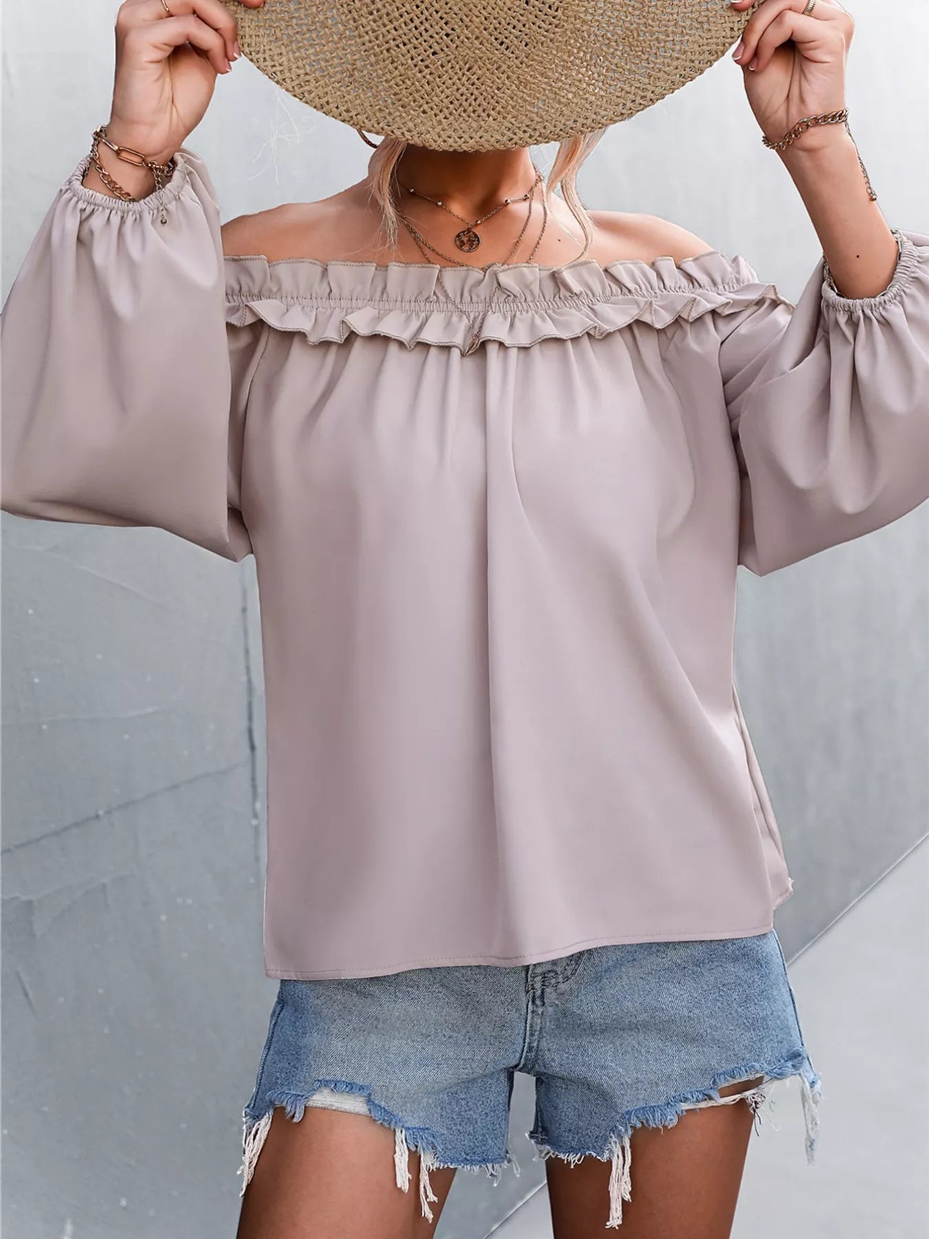 Crowned Energy CO. Dusty Pink / S Trendsi Shirt Frill Off-Shoulder Long Sleeve Blouse
