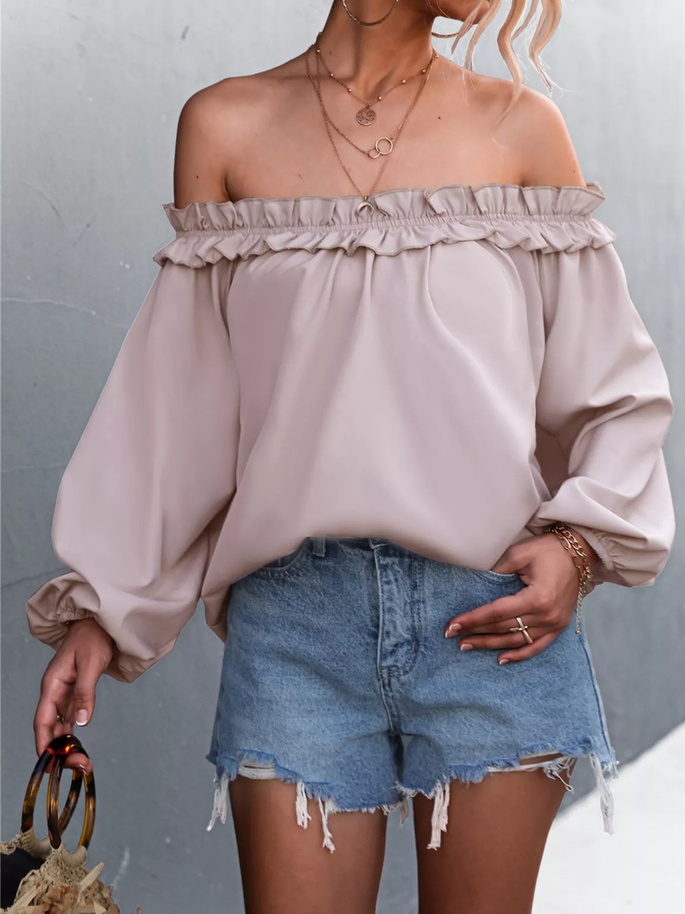 Crowned Energy CO. Dusty Pink / S Trendsi Shirt Frill Off-Shoulder Long Sleeve Blouse