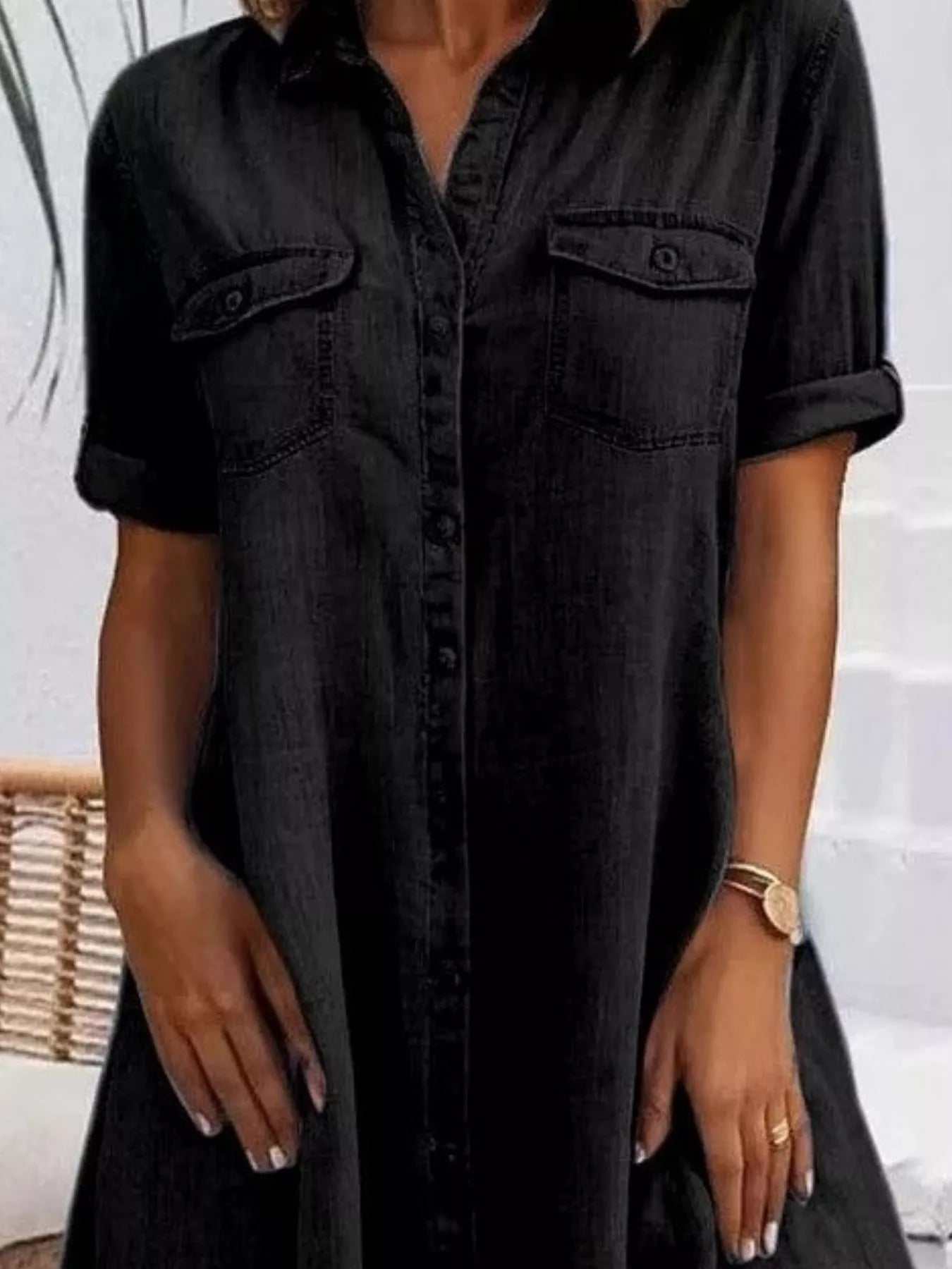 Crowned Energy CO. Light Blue / S Trendsi Dresses Full Size Button-Front Short Sleeve Denim Dress Plus Size