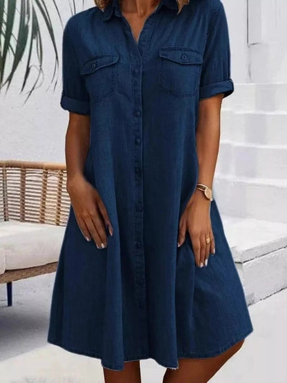 Full Size Button - Front Short Sleeve Denim Dress Plus Size - Goddess Vibes