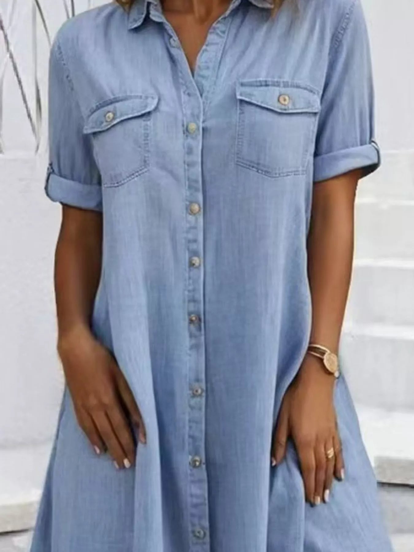 Crowned Energy CO. Light Blue / S Trendsi Dresses Full Size Button-Front Short Sleeve Denim Dress Plus Size