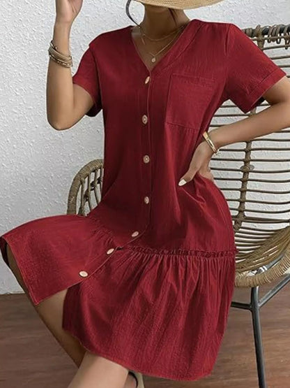 Full Size Button - Front Short Sleeve Tiered Dress Plus Size - Goddess Vibes