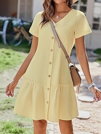 Full Size Button - Front Short Sleeve Tiered Dress Plus Size - Goddess Vibes