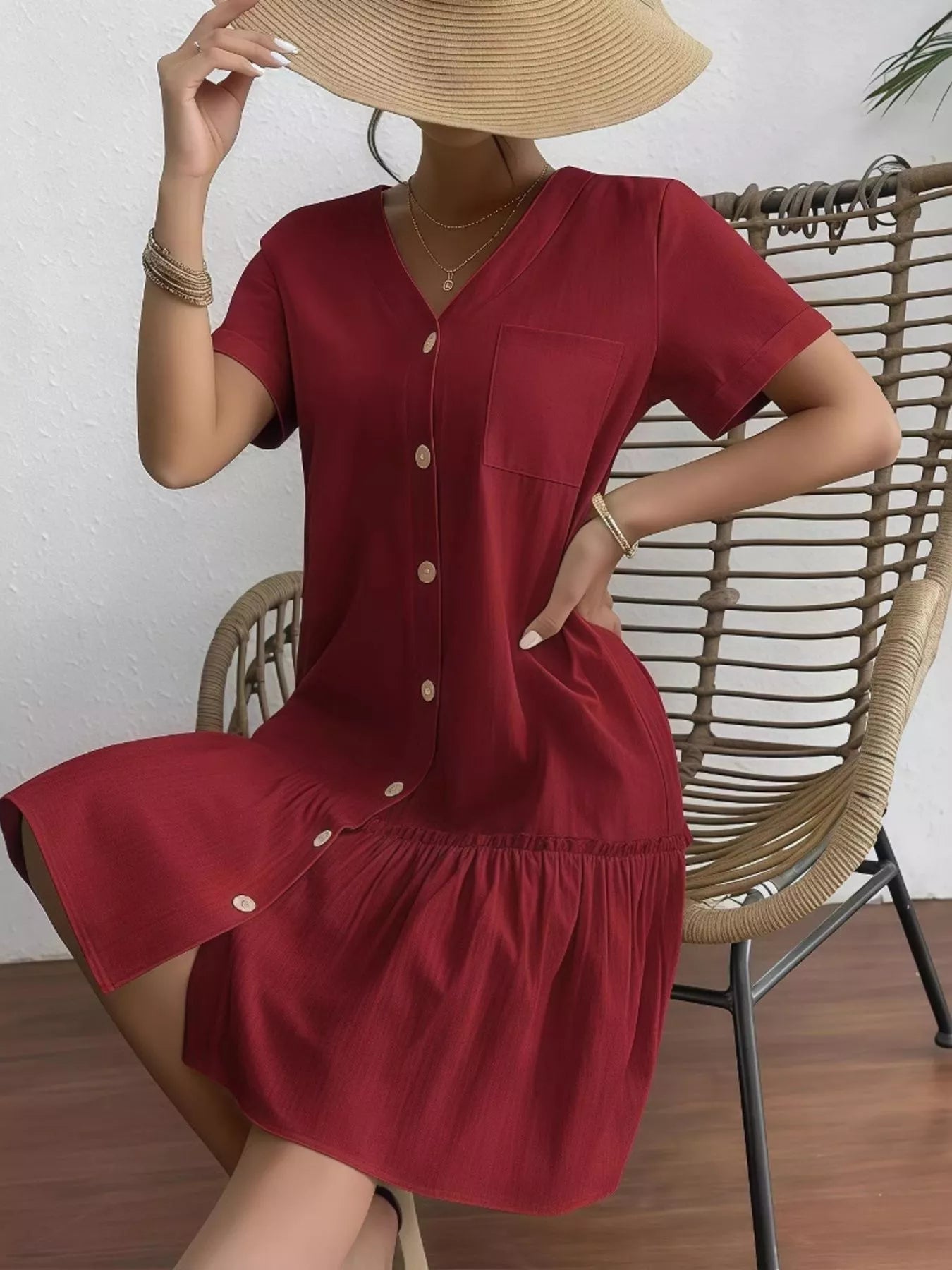Crowned Energy CO. Wine Red / S Trendsi Dresses Full Size Button-Front Short Sleeve Tiered Dress Plus Size