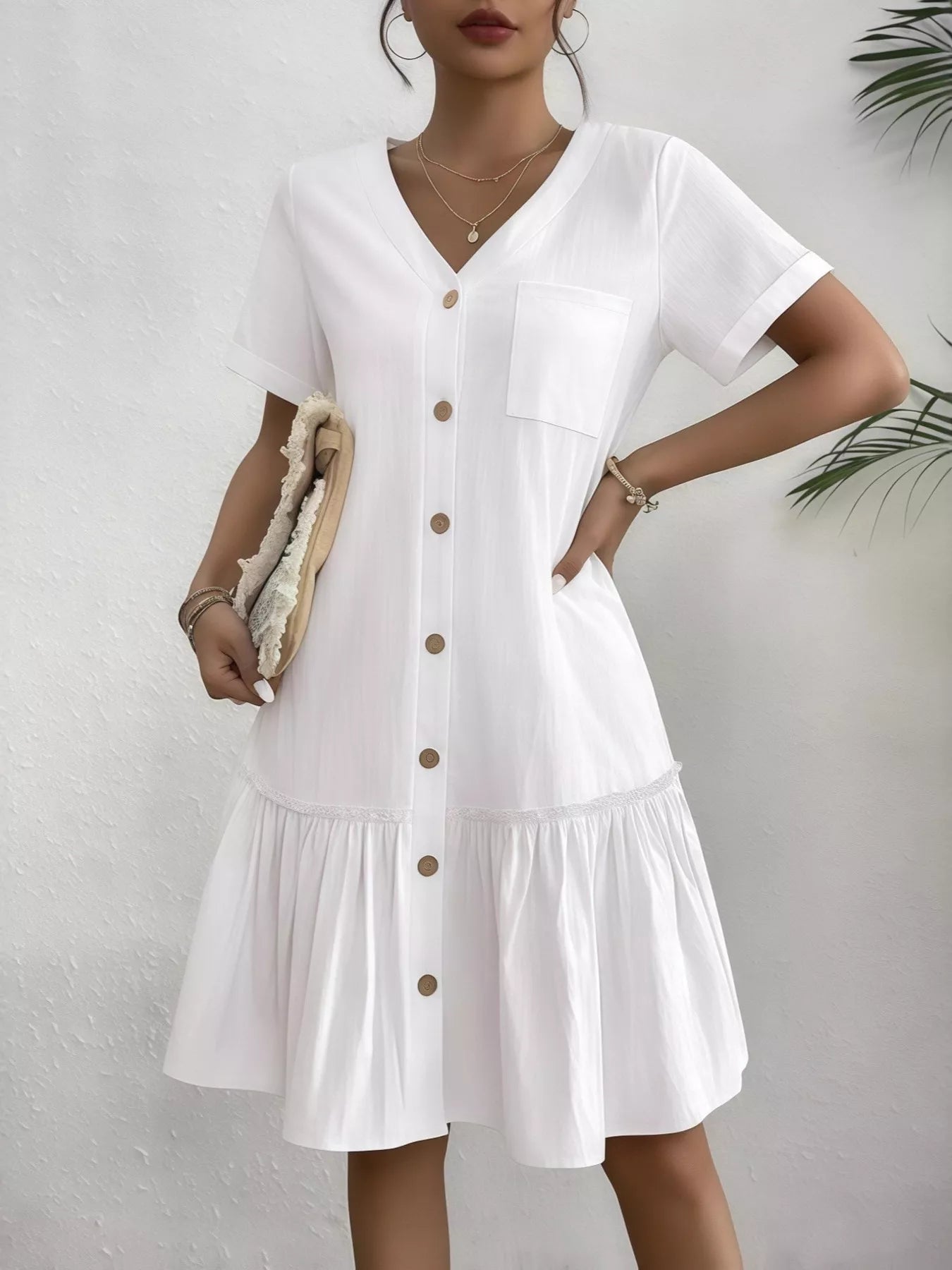 Crowned Energy CO. White / S Trendsi Dresses Full Size Button-Front Short Sleeve Tiered Dress Plus Size