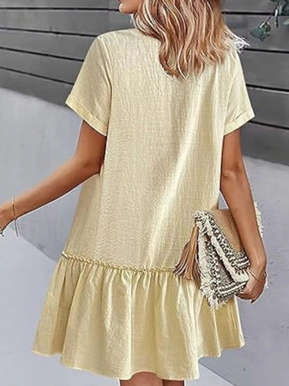 Full Size Button - Front Short Sleeve Tiered Dress Plus Size - Goddess Vibes