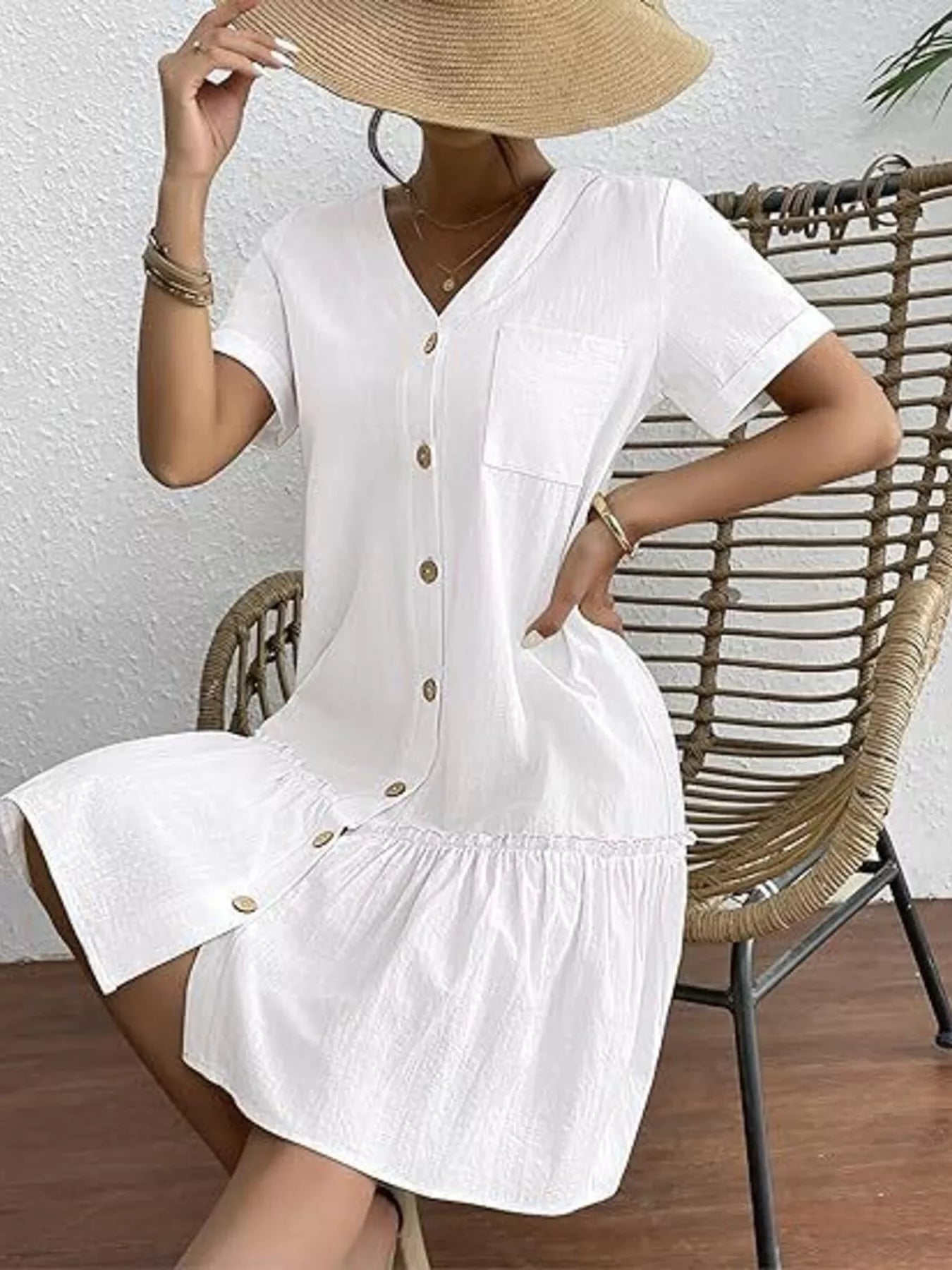 Crowned Energy CO. White / S Trendsi Dresses Full Size Button-Front Short Sleeve Tiered Dress Plus Size