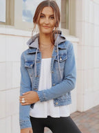 Full Size Button Up Drawstring Hooded Denim Jacket Plus Size - Goddess Vibes