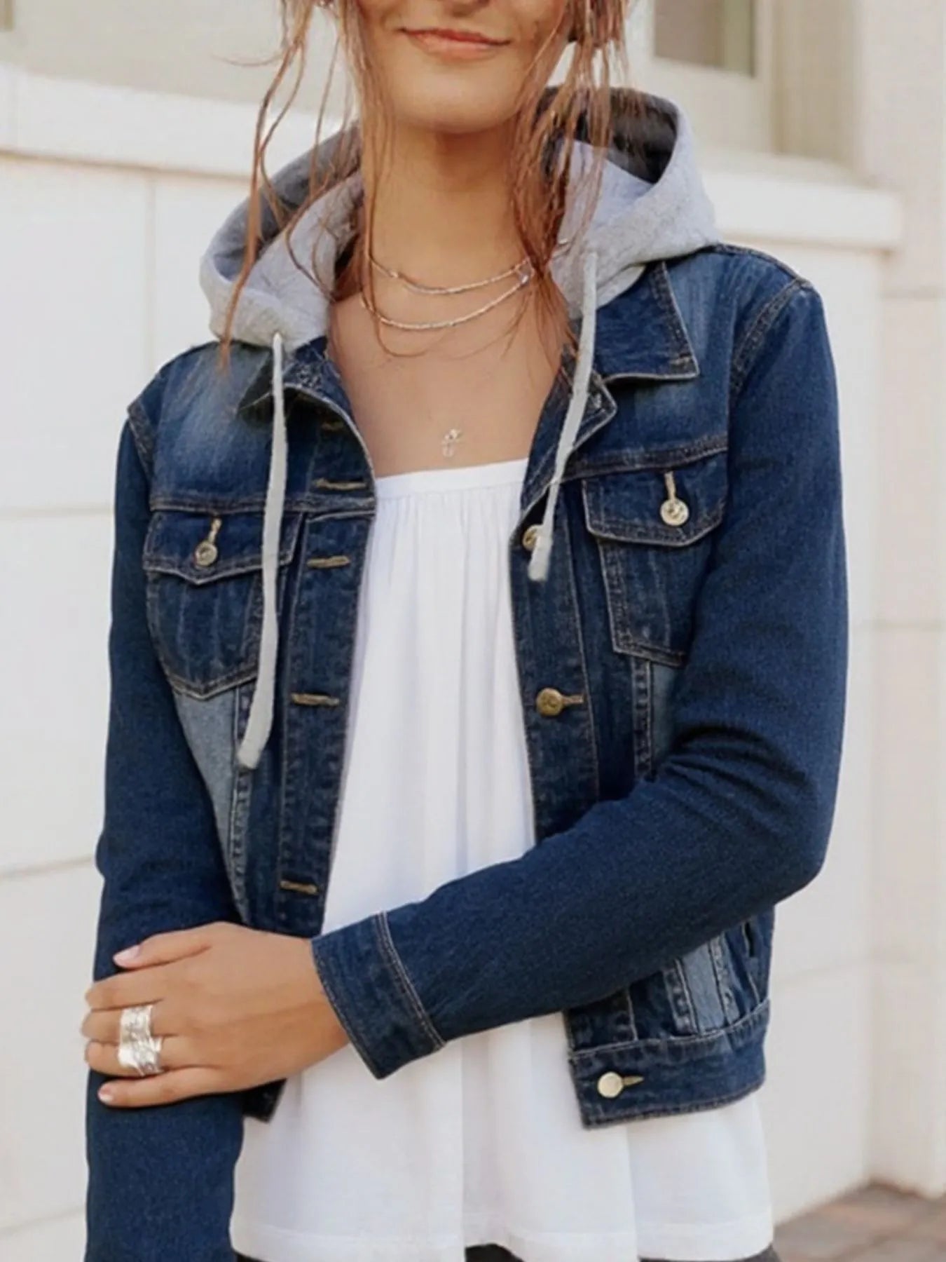 Full Size Button Up Drawstring Hooded Denim Jacket Plus Size - Goddess Vibes
