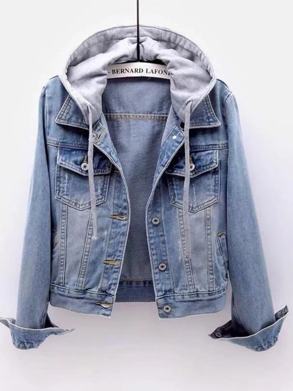 Full Size Button Up Drawstring Hooded Denim Jacket Plus Size - Goddess Vibes