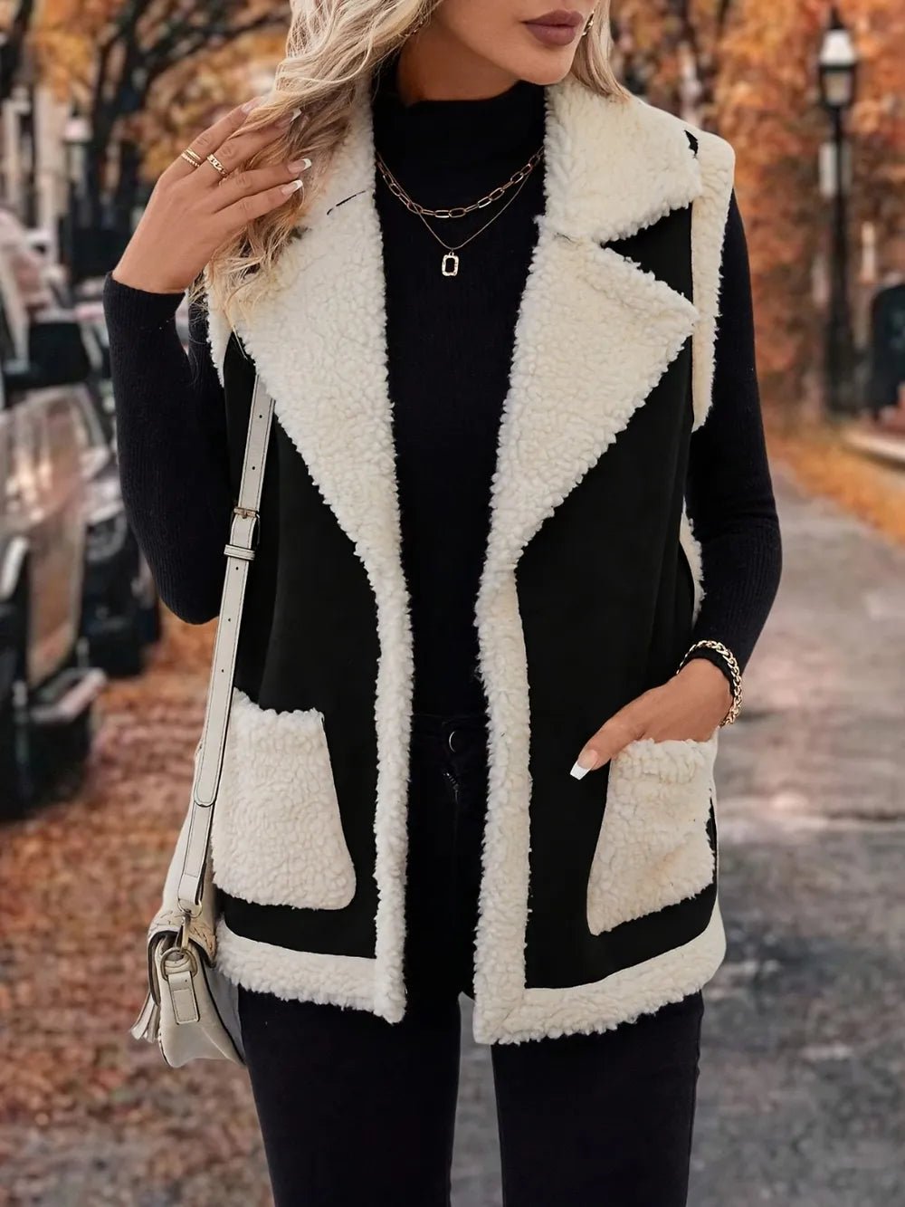 Full Size Contrast Open Front Sherpa Vest Coat - Crowned Energy CO.