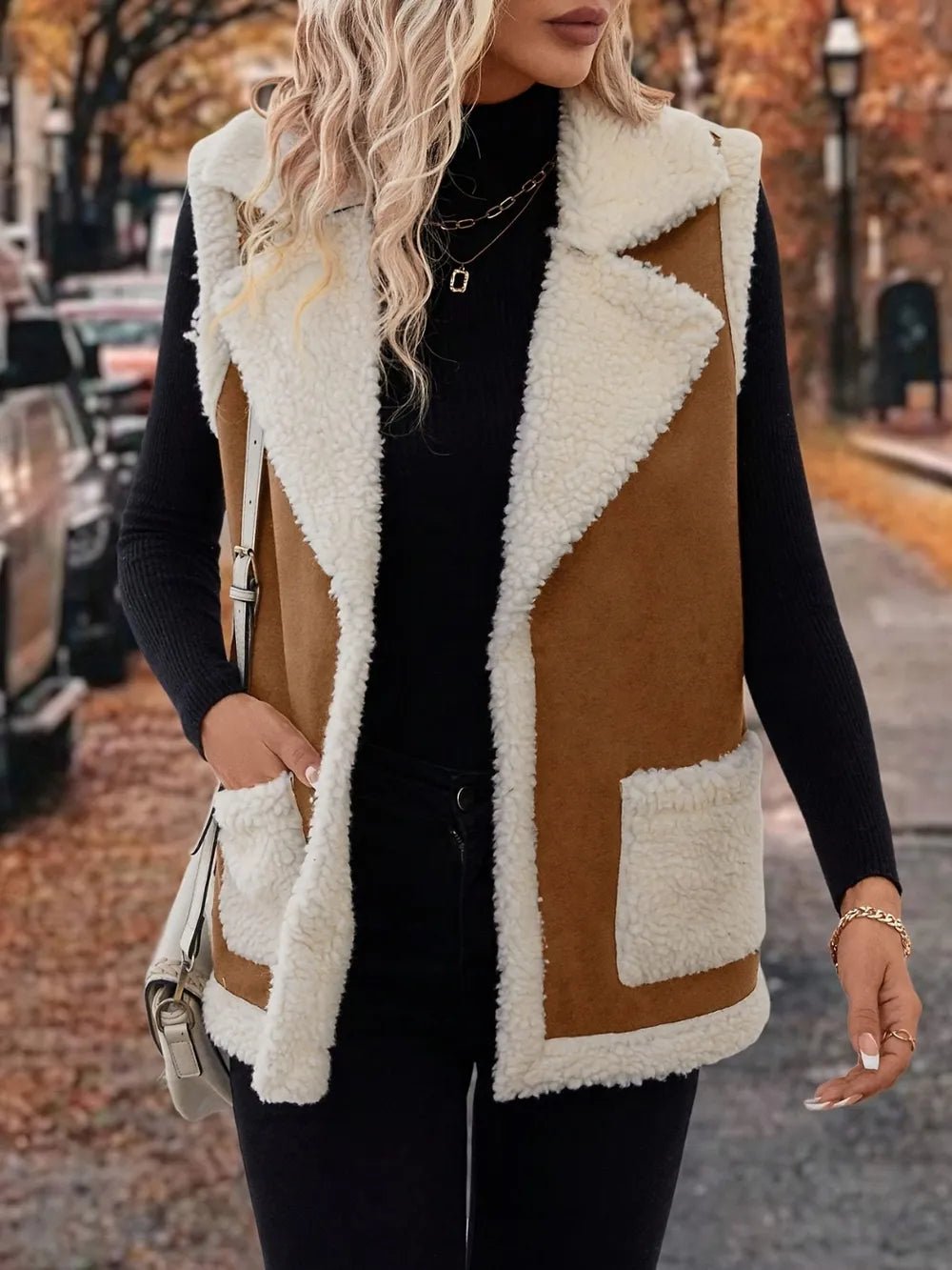 Full Size Contrast Open Front Sherpa Vest Coat - Crowned Energy CO.